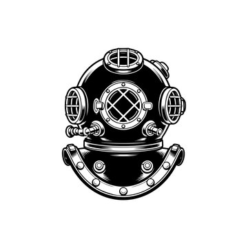 Vintage deep sea diver helmet vector graphic. Retro old school diving gear illustration perfect for maritime logo, adventure icon, or marine exploration themes.