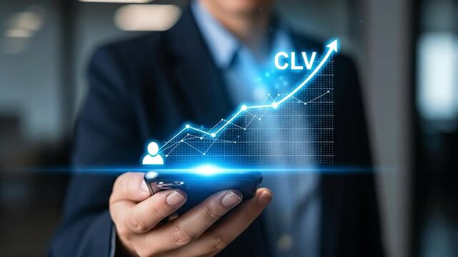 Business professional holding a smartphone with a glowing digital graph showing increasing Customer Lifetime Value (CLV) and user growth, symbolizing data analysis and business success.
