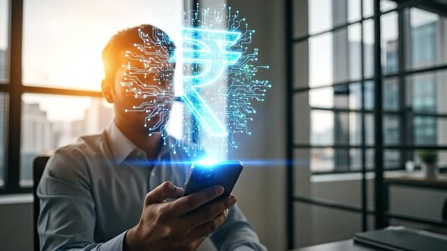 Young Indian man using smartphone with glowing digital Rupee symbol in modern office, representing fintech and digital currency innovation