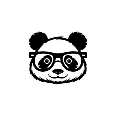Cute panda bear mascot head vector, wearing large framed glasses. Monochrome design for smart, education, technology, eSports, or hipster animal logo and branding.
