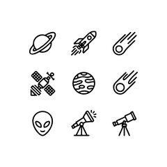 Set of nine space and astronomy outline icons, including planets, satellite, rocket, telescope, alien head, and meteor. Simple vector glyphs for mobile apps or web design. © Kotliar Ivan