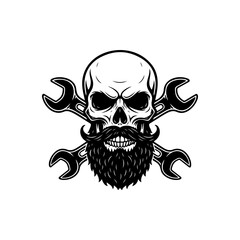 Bearded skull mascot with crossed wrenches (spanners). Monochromatic logo for mechanic shop, garage, auto repair service, biker club, or custom engineering design.