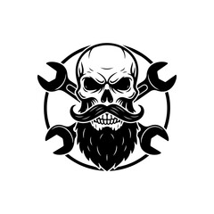 Fototapeta premium Bearded skull mascot with crossed wrenches (spanners). Monochromatic logo for mechanic shop, garage, auto repair service, biker club, or custom engineering design.