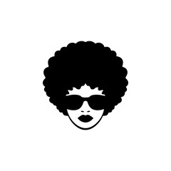 Stylish woman head vector with a large Afro haircut and sunglasses. Monochromatic design perfect for retro 70s/80s themes, fashion, beauty brand, or vintage music logo.