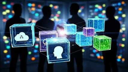 Digital technology concept with interconnected data cubes and business professionals in a server room, representing cloud computing, AI, and data management - Powered by Adobe