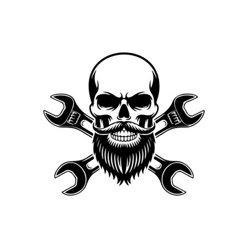 Bearded skull mascot with crossed wrenches (spanners). Monochromatic logo for mechanic shop, garage, auto repair service, biker club, or custom engineering design.