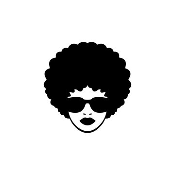 Stylish woman head vector with a large Afro haircut and sunglasses. Monochromatic design perfect for retro 70s/80s themes, fashion, beauty brand, or vintage music logo.