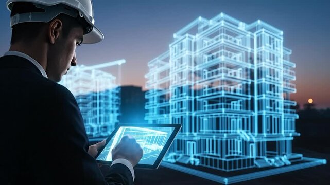 Male architect in hard hat using a digital tablet to interact with glowing wireframe models of modern buildings, symbolizing advanced construction technology and urban development.
