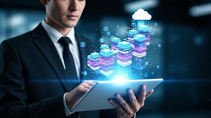 Businessman in suit interacting with a digital tablet displaying cloud computing data stacks and glowing tech lines, representing modern data management and technology solutions. - Powered by Adobe