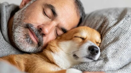 A heartwarming close-up shot of a middle-aged man sleeping soundly with his adorable corgi dog nestled close to him.
