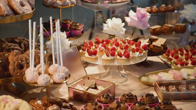 Słodki st&oacute;ł z ciastkami. Truskawki. 