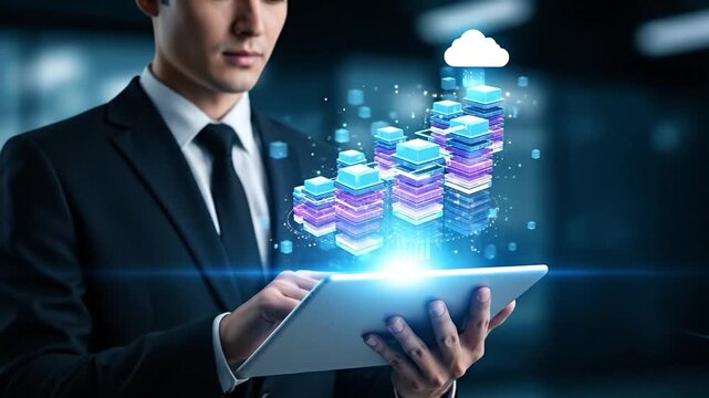 Businessman in suit interacting with a digital tablet displaying cloud computing data stacks and glowing tech lines, representing modern data management and technology solutions.