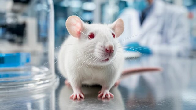 A white lab mouse with red eyes sits on a metal surface, with a researcher in the background.