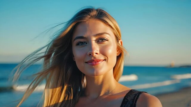 Smiling female with long hair enjoying her time near the ocean during a sunny evening