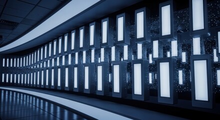 Futuristic curved hallway with glowing blue rectangular light panels.