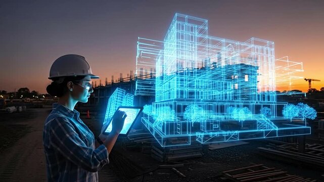 Female engineer using tablet to project holographic 3D building model on a construction site at sunset, showcasing future architecture and technology