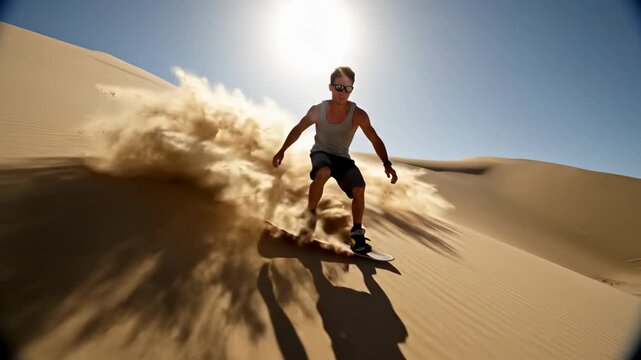 Sandboarding Adventure - Thrilling Descent Down a Majestic Sand Dune Under the Sun.