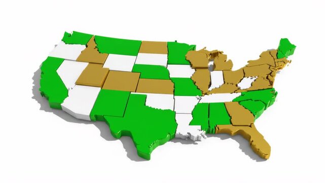 Isometric United States map featuring green, gold, and white states, set against a clean white background. Focuses on geographic details and national representation.