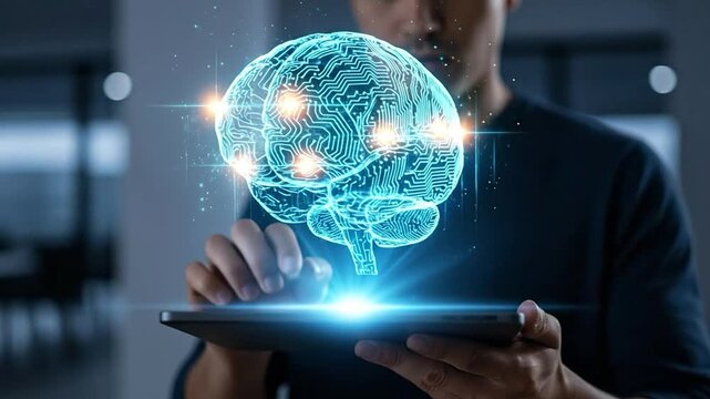 Adult man interacting with a glowing blue digital brain hologram, symbolizing artificial intelligence, innovation, and advanced technology on a tablet.