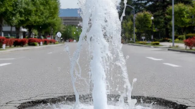 A water main break erupts from a cracked asphalt road, spraying water high into the air on a clear day.