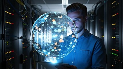 Young adult male IT professional analyzing global network data visualization on a tablet in a dark server room.