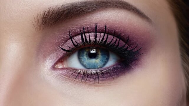 Close-up of a woman wearing glamorous eyeshadow makeup with vibrant colors and a dramatic lash effect.