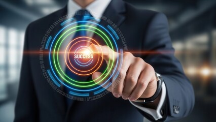 Closeup Businessman Hand pointing at Success target on dartboard interface, representing goal achievement, performance excellence, and competitive advantage