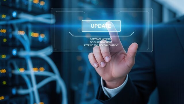Closeup Businessman Hand touching Update button on system interface, representing software upgrade, patch management, and keeping technology current