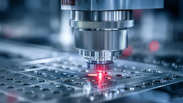 赤色レーザーで金属板を精密切断するクローズアップの工業描写