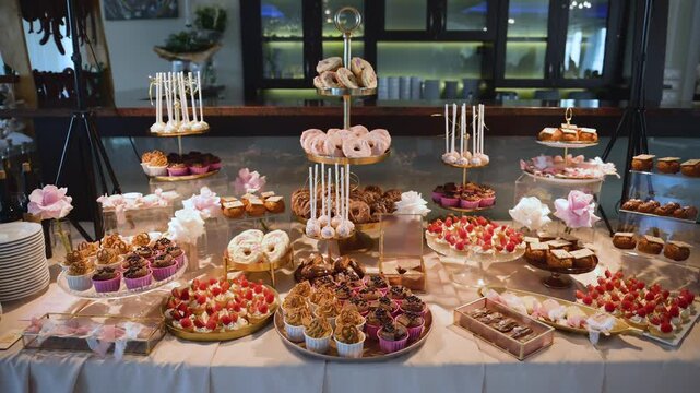 Elegancki st&oacute;ł deserowy przygotowany na przyjęcie lub wesele, pełen słodkości takich jak babeczki, pączki, cake popsy, tartaletki i ciasta z owocami. 