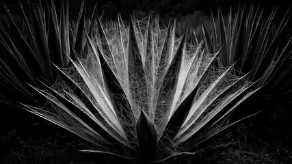 A grayscale image showcases spiky plant leaves interwoven with delicate, spiderweb-like structures