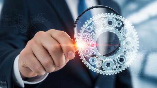 Quality assurance concept, Closeup Businessman Hand holding magnifying glass inspecting virtual product gear, representing defect detection, manufacturing standards, and process control
