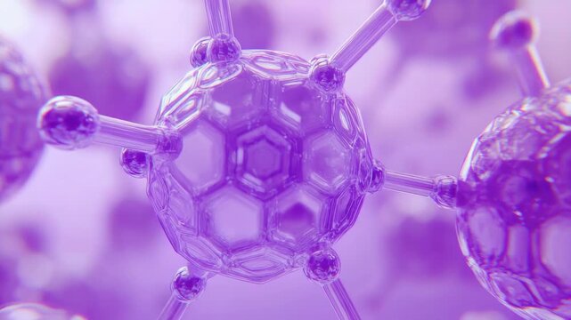 rendering of colorful crystals in purple hues with intricate molecular structures.
