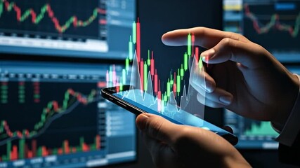 Human hands holding a smartphone displaying a holographic stock market chart with financial data on multiple screens in the background, representing digital trading and investment analysis - Powered by Adobe