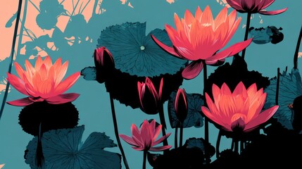 Stylized water lilies with blossoms and pads in hues of pink, turquoise, and black, soft light