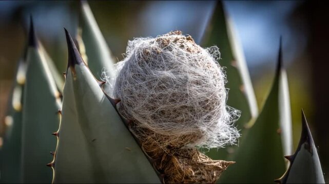A close-up view of spiky plant leaves with a cotton-like growth. Natural, green, and sharp
