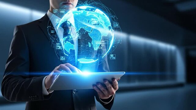 Businessman in suit holding tablet interacting with glowing blue holographic global network projection, representing digital transformation and worldwide connectivity.