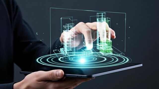 Hands Holding Tablet with Augmented Reality Projection of Modern City Buildings, Illustrating Digital Construction and Urban Development Concepts
