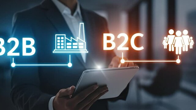 Professional analyzing B2B and B2C business models on a digital tablet in a modern corporate office setting, illustrating strategic market approaches