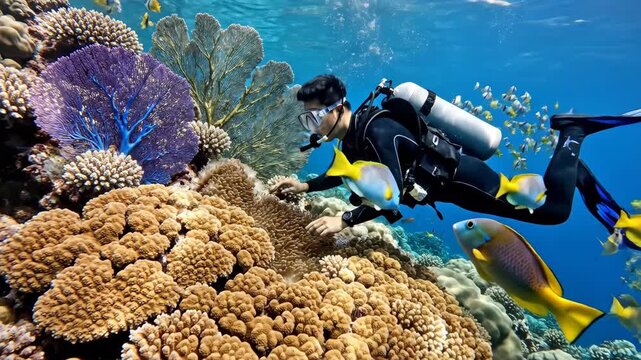Scuba diver exploring vibrant coral reef with colorful fish underwater adventure.