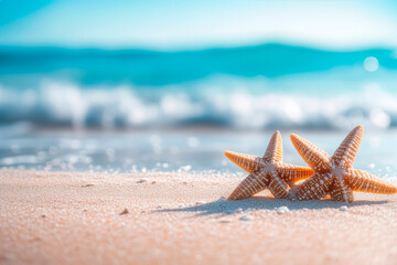 A pair of starfish together representing the union with the sea in the background.