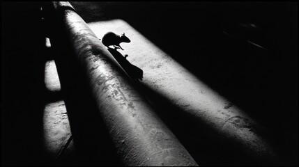 Stark, high-contrast photo of a small rodent on a pipe, cast shadows in dark space