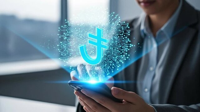 Businesswoman holding smartphone with glowing digital Turkish Lira currency symbol, representing mobile banking, fintech, and digital economy innovation