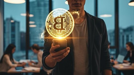 Young adult man holding a smartphone with a glowing digital cryptocurrency coin emerging, symbolizing modern finance and blockchain technology in a contemporary office setting. - Powered by Adobe