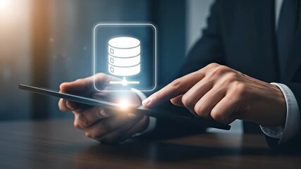 Business professional managing digital data and cloud database systems on a modern tablet device, showcasing technology integration and network connectivity. - Powered by Adobe