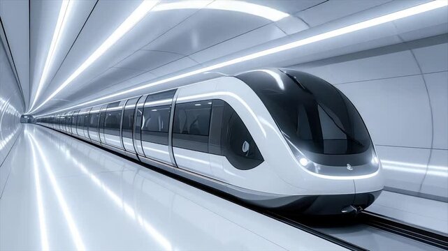 Futuristic white train in a tunnel with illuminated walls, reflecting on the floor