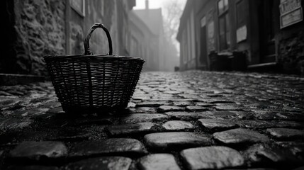 A monochrome photograph depicts a weathered wicker basket resting on a cobblestone street, leading towards a misty, antiquated alleyway between aged buildings