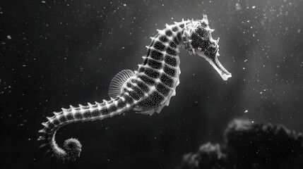 Seahorse floats in the depths, monochrome, textured skin, tail curled