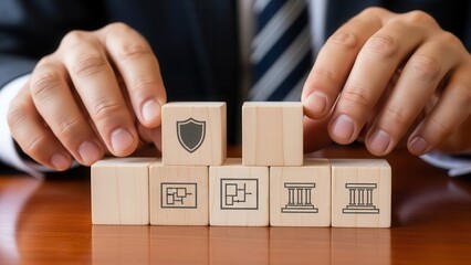 Closeup Businessman Hand arranging wood blocks with business strategy icons, representing risk management, structural planning, and building a solid corporate foundation