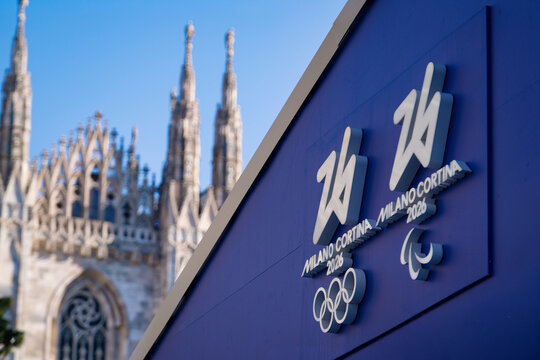 official logo of the Milan-Cortina 2026 Winter Olympics in Piazza Duomo